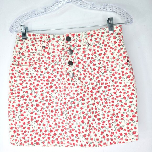 Billabong Red Cream Ditsy Floral Buttonfly Denim Mini Skirt - Picture 2 of 7